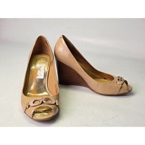 Coach Elora Heels Size 5.5 Tan Patent Leather Wedge Shoes Vtg